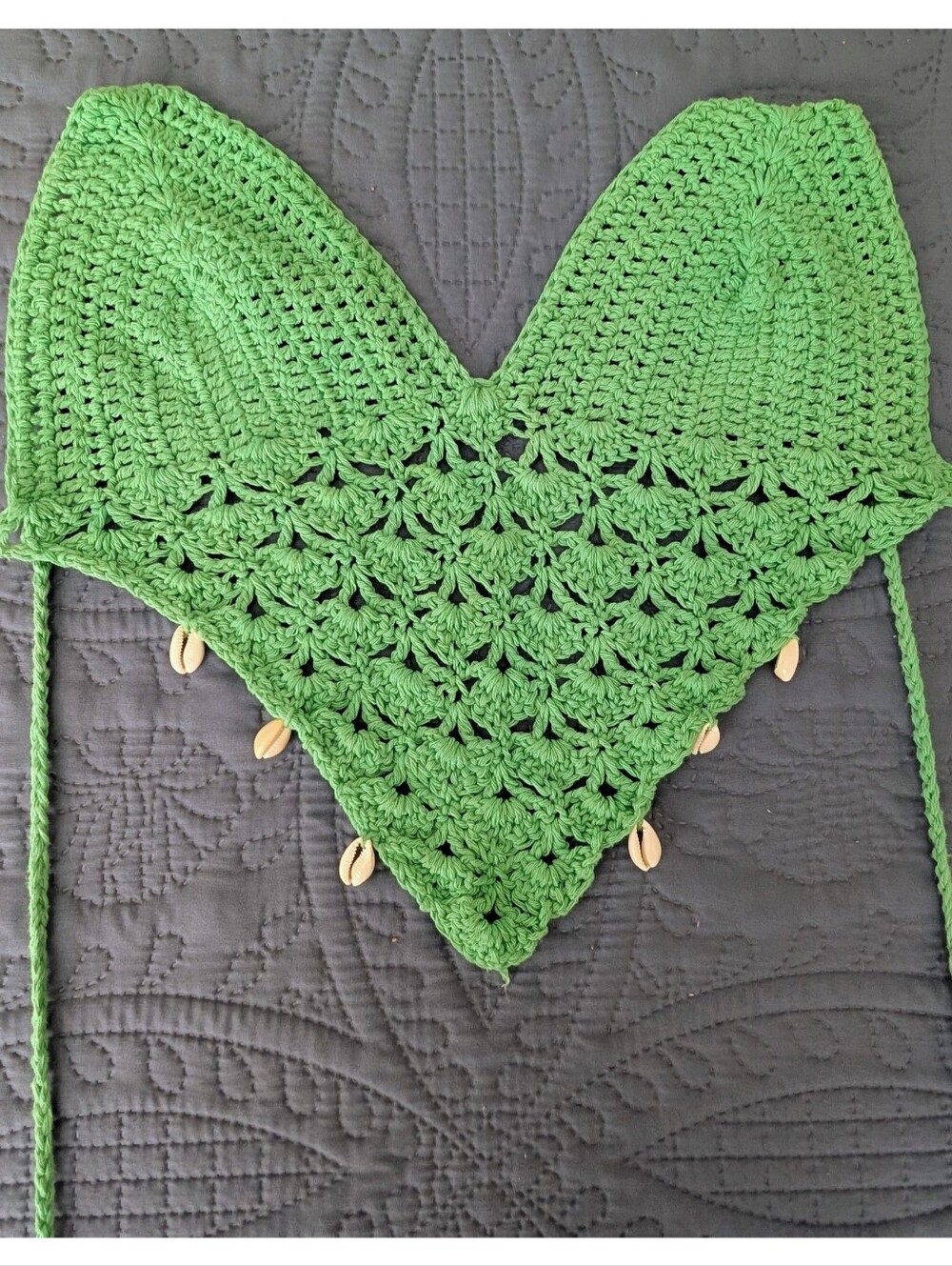Handmade Green Crochet Shell-Trim Triangle Top